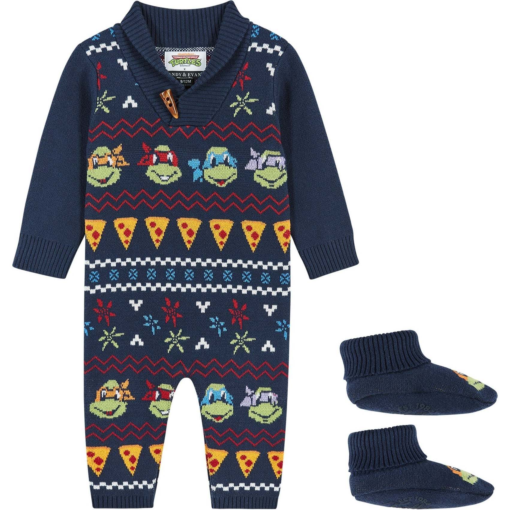 TMNT® X Andy & Evan® Fair Isle Icon Sweater Romper, Navy Holiday - Bodysuits - 1