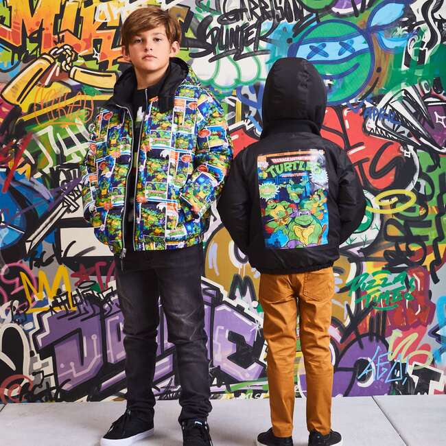 Tmnt x Andy & Evan Comic Book Print Reversible Puffer Jacket, (Black, Size 10Y) | Maisonette