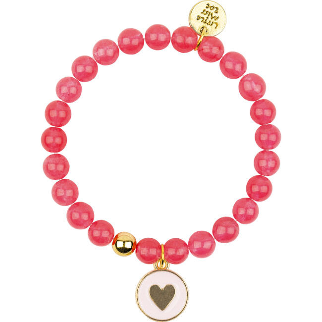 Gemstone Bracelet With Heart Enamel Charm, Hot Pink