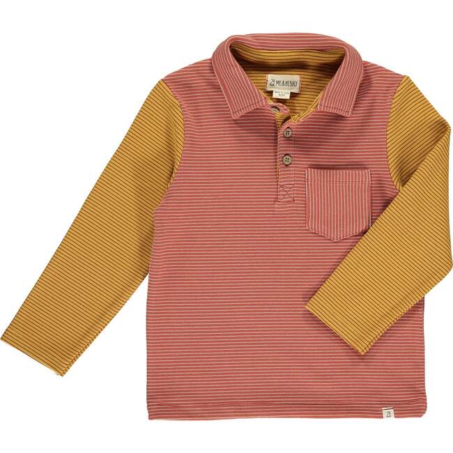 Troy Striped Contrast Long Sleeve Polo, Pumpkin And Gold