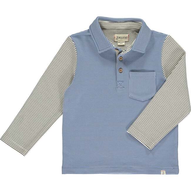 Troy Striped Contrast Long Sleeve Polo, Blue And Grey