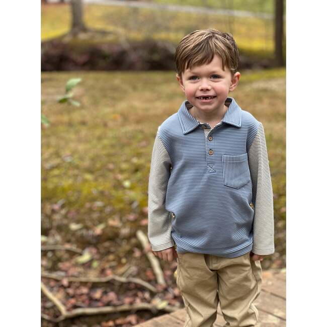 Troy Striped Contrast Long Sleeve Polo, Blue And Grey - Polo Shirts - 3