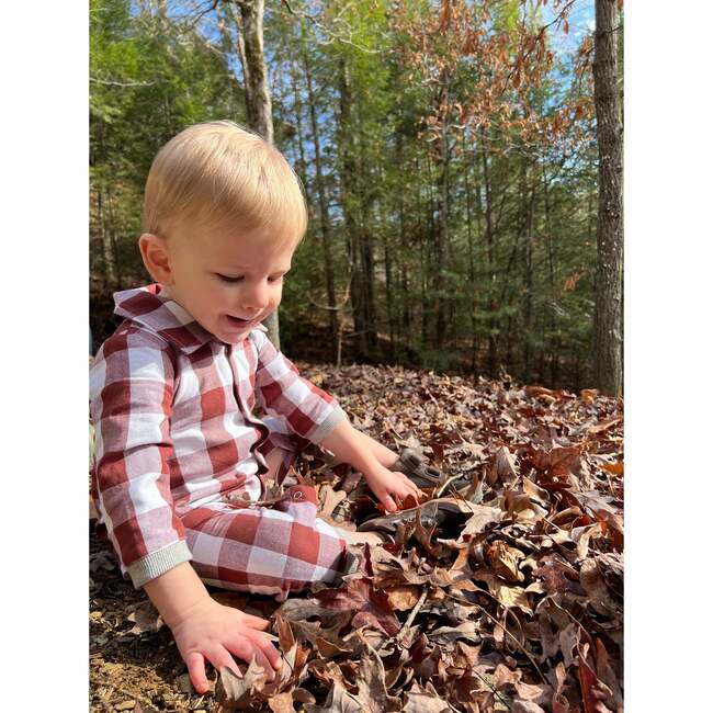 Lumber Jacket Gingham Romper, Rust And White - Rompers - 2