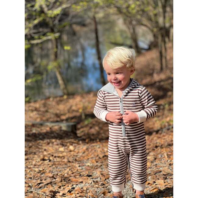 Blaine Striped Zip-Up Hooded Romper, Brown - Rompers - 2