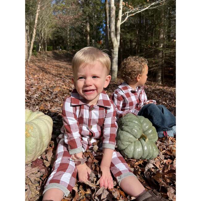 Lumber Jacket Gingham Romper, Rust And White - Rompers - 4