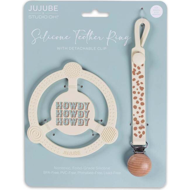 JuJuBe × Studio Oh! Silicone Teether Ring With Detachable Clip, Howdy Partner Blue