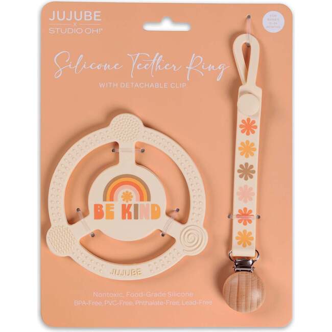 JuJuBe × Studio Oh! Silicone Teether Ring With Detachable Clip, Be Kind Rainbows