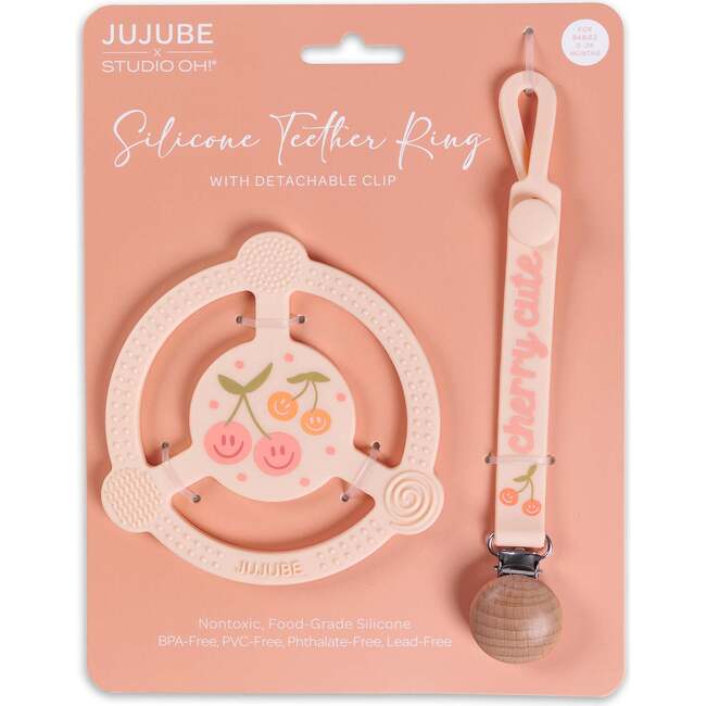 JuJuBe × Studio Oh! Silicone Teether Ring With Detachable Clip, Cherry Cute By Doodle By Meg