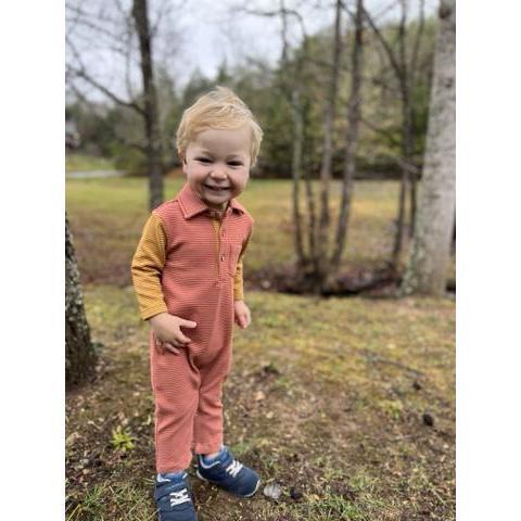 Arlington Striped Cosy Polo Romper, Pumpkin And Gold - Rompers - 3