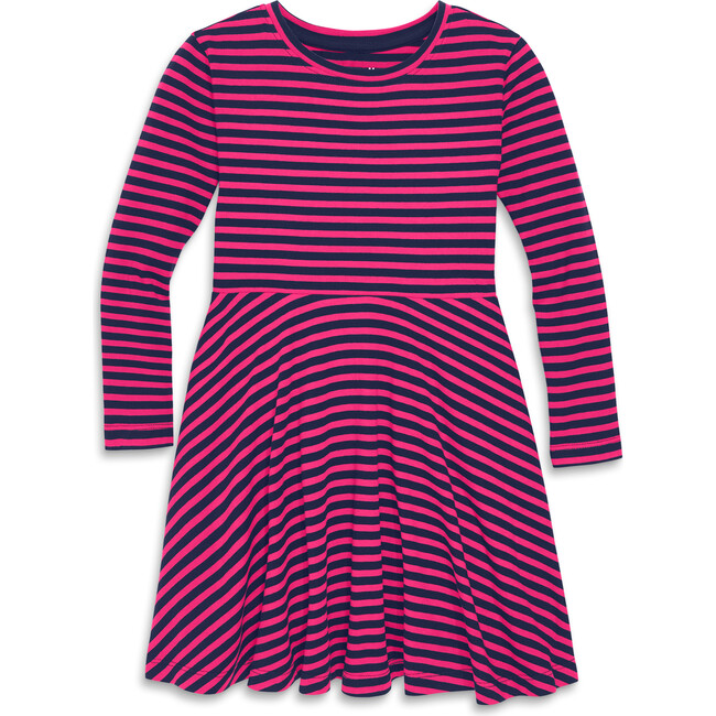 Long Sleeve Twirly Dress In Mini Stripe, Fuchsia Navy Stripe