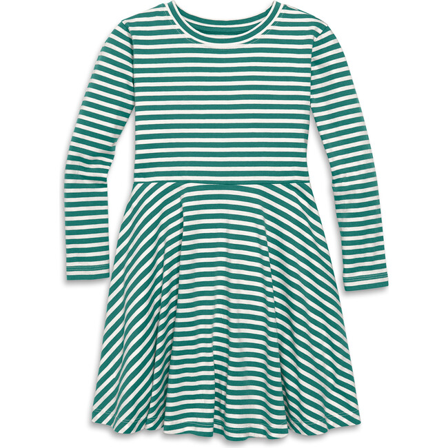 Long Sleeve Twirly Dress In Mini Stripe, Ivory Sunwashed Teal Stripe