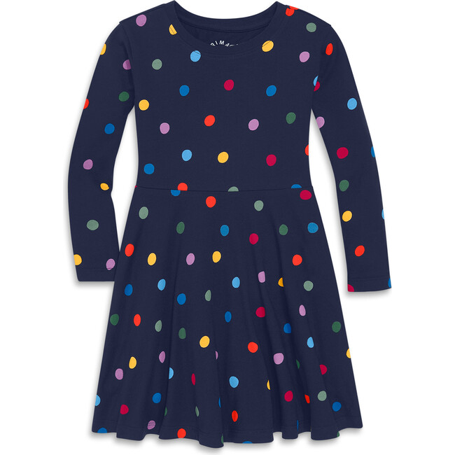 Long Sleeve Twirly Dress In Confetti Dots, Navy Confetti Dot