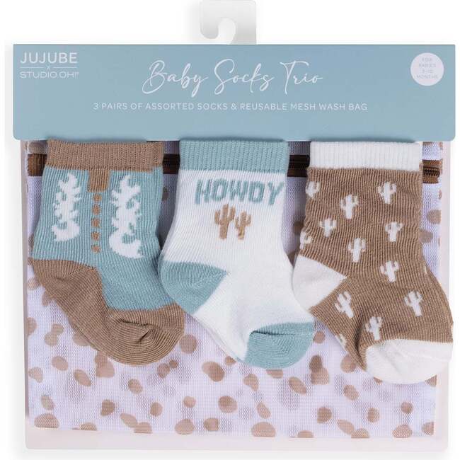 Baby Socks Trios With Zipper Wash Bag, Howdy Partner Blue (Pack Of 3)