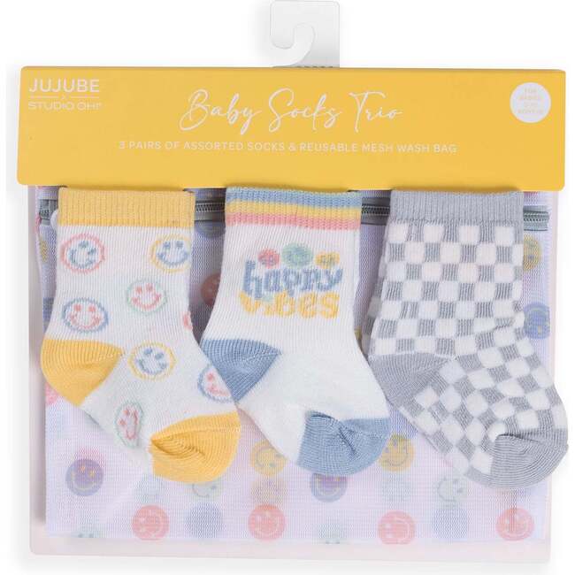 Baby Socks Trios With Zipper Wash Bag, Happy Baby Vibes (Pack Of 3)
