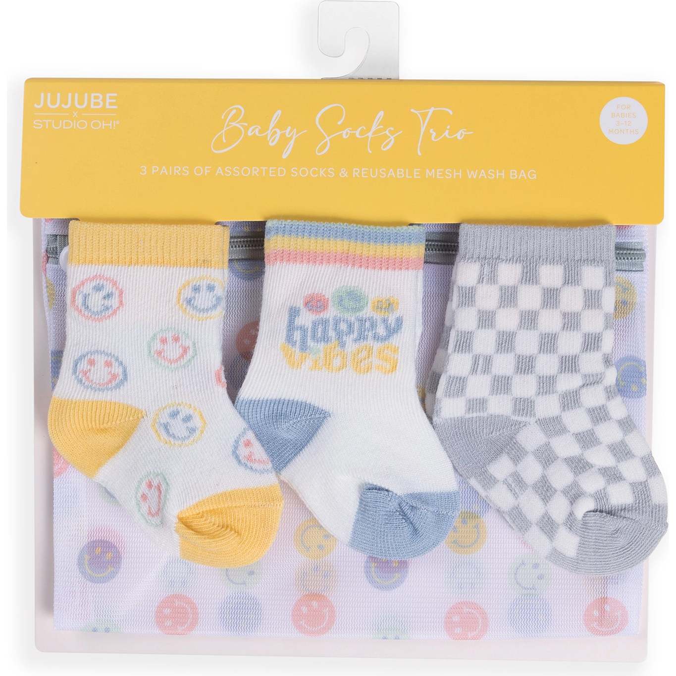 Baby Socks Trios With Zipper Wash Bag, Happy Baby Vibes (Pack Of 3) - Socks - 1