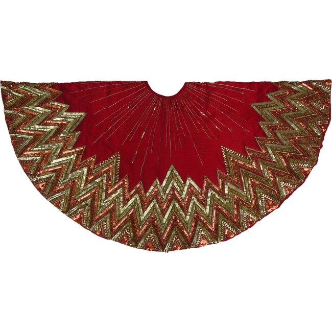 Christmas Tree Skirt, Garnet Red Beaded Metallic Starburst