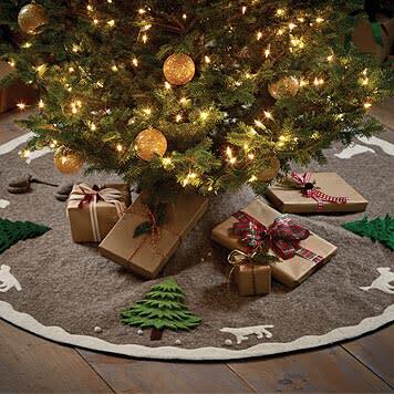 Cream Dogs and Green Trees Christmas Tree Skirt on Gray in Hand Felted Wool, 72" - Tree Skirts - 2