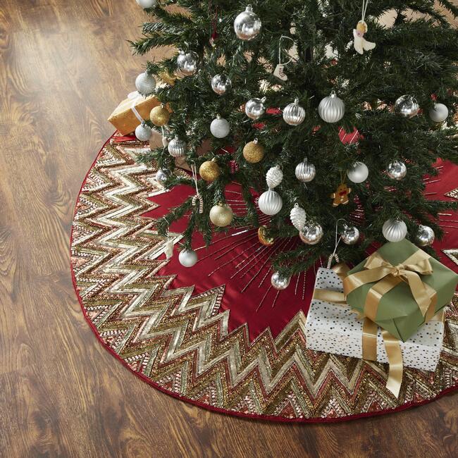 Handmade Christmas Tree Skirt - Hand Beaded Metallic Starburst on Garnet Red- 60" - Tree Skirts - 3