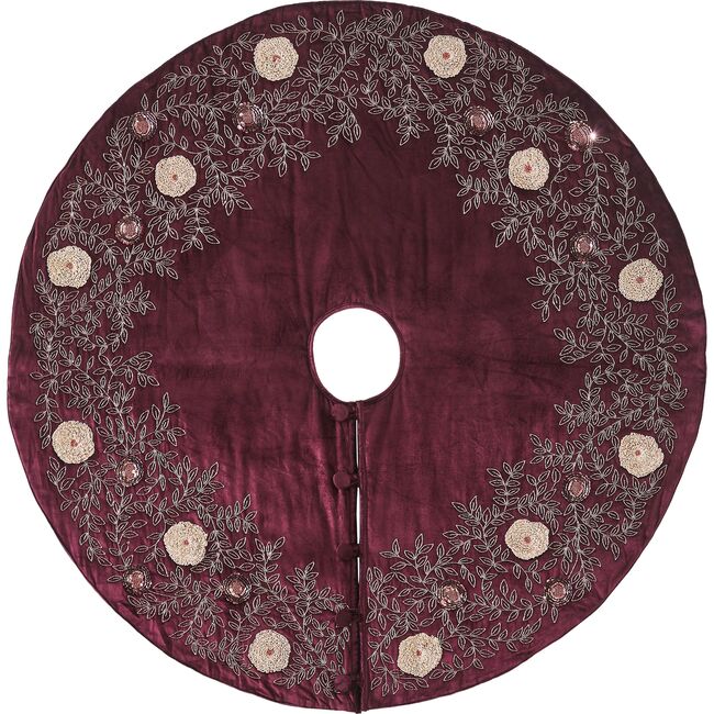 Christmas Tree Skirt, Burgundy Velvet with Beaded Flowers - Tree Skirts - 3