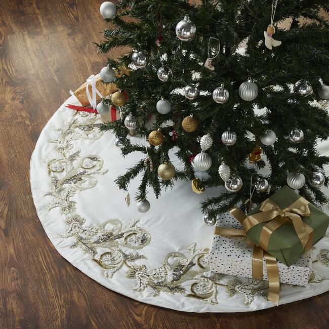 Christmas Tree Skirt, Beaded Cream Silk - Tree Skirts - 3