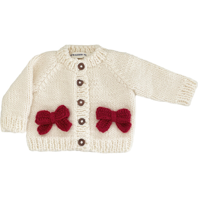 Holiday Classic Knit Bow Cardigan, Cream & Red
