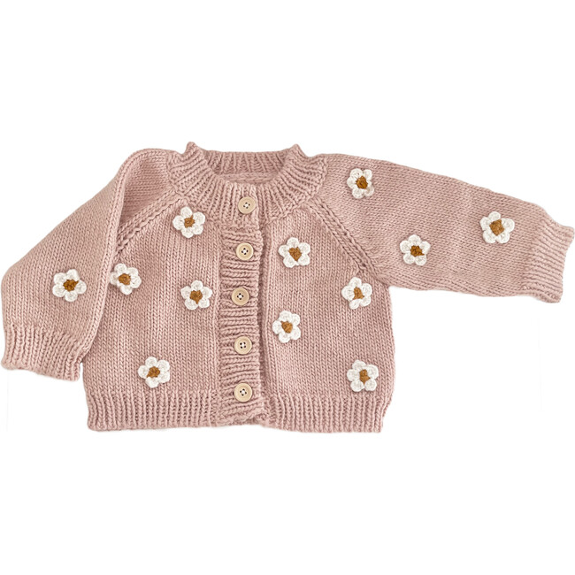Hand-Crocheted Flower Buttoned Cardigan, Blush & White