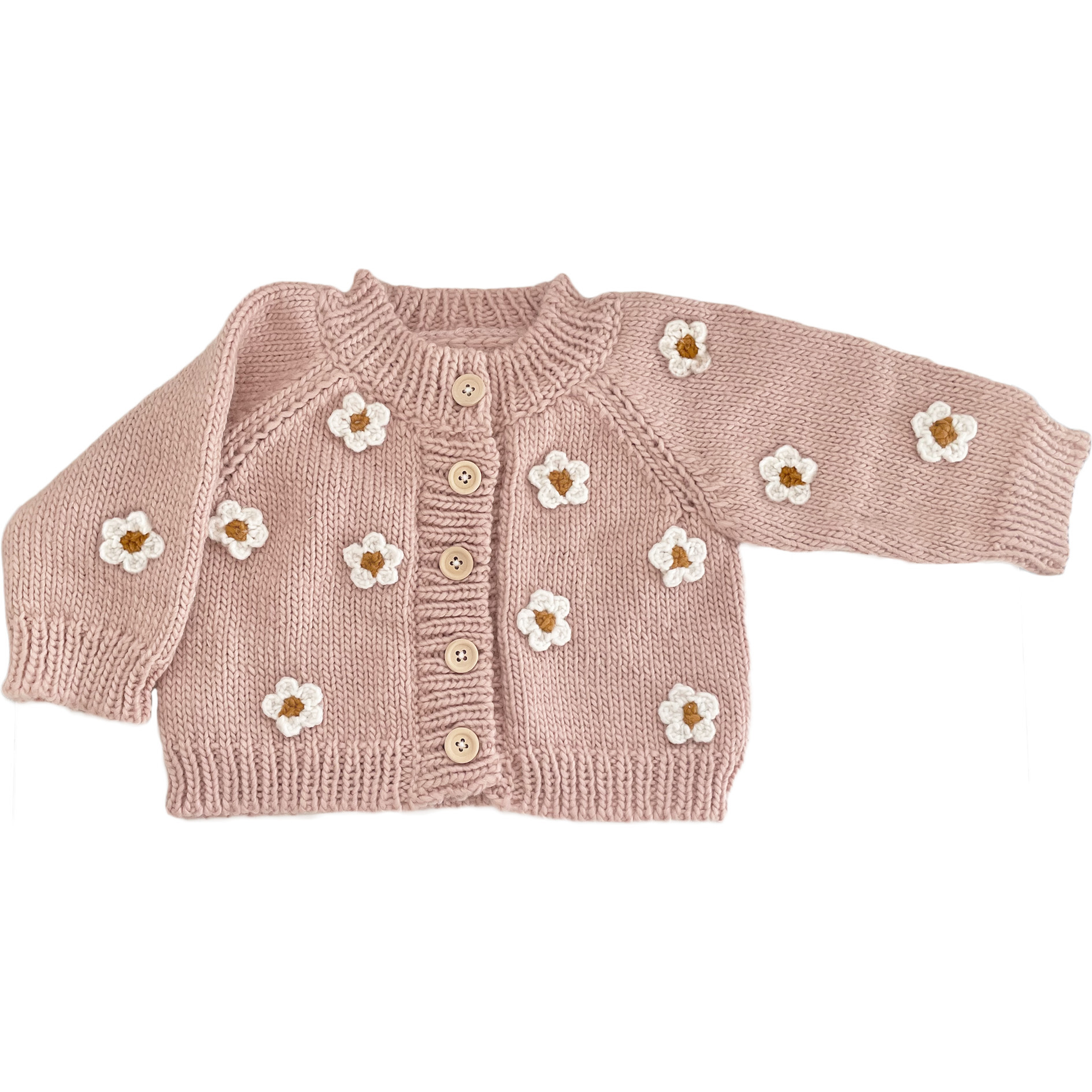 Hand-Crocheted Flower Buttoned Cardigan, Blush & White - Cardigans - 1