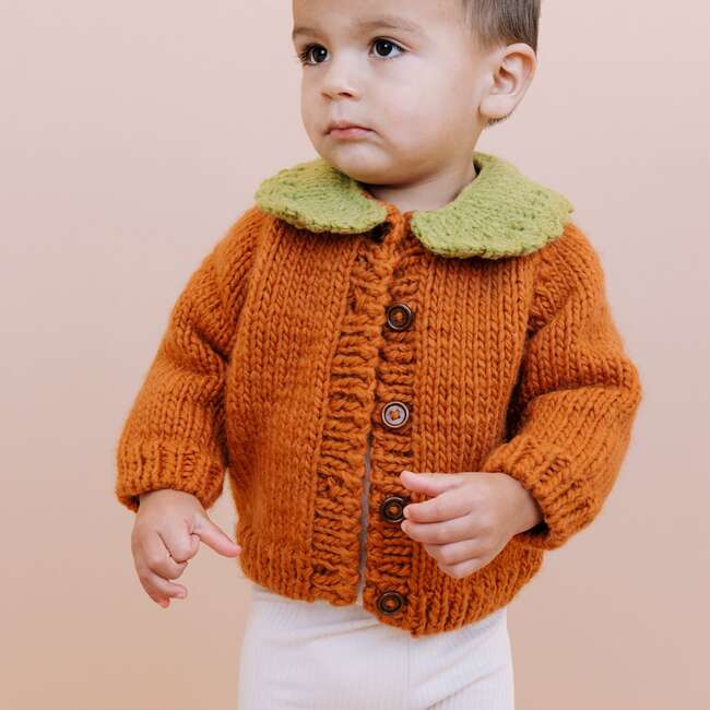 Knit Contrast Collar Pumpkin Cardigan, Orange & Green - Cardigans - 2
