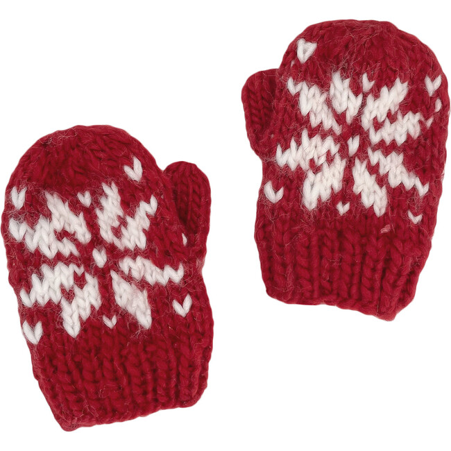 Snowflake Pattern Knit Mittens, Red
