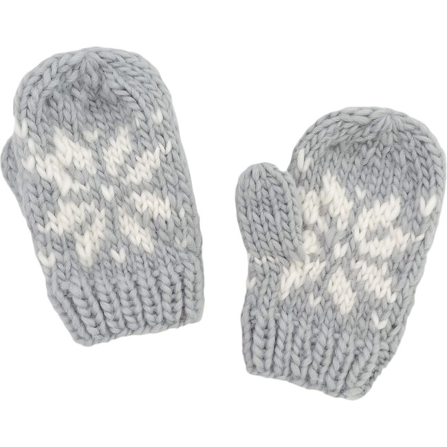 Snowflake Pattern Knit Mittens, Blue Grey
