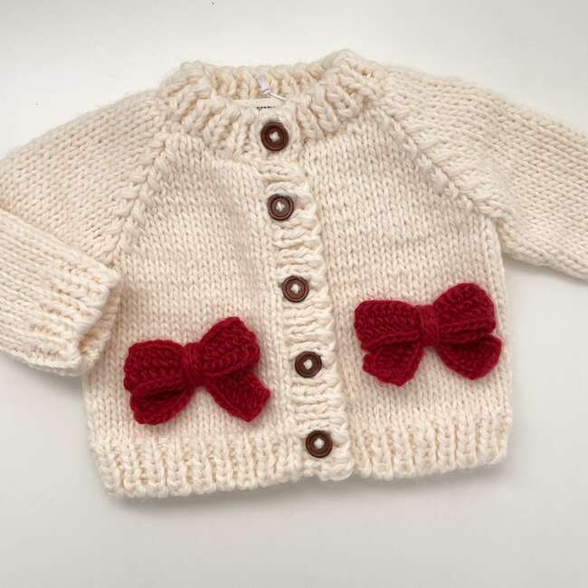 Holiday Classic Knit Bow Cardigan, Cream & Red - Cardigans - 3