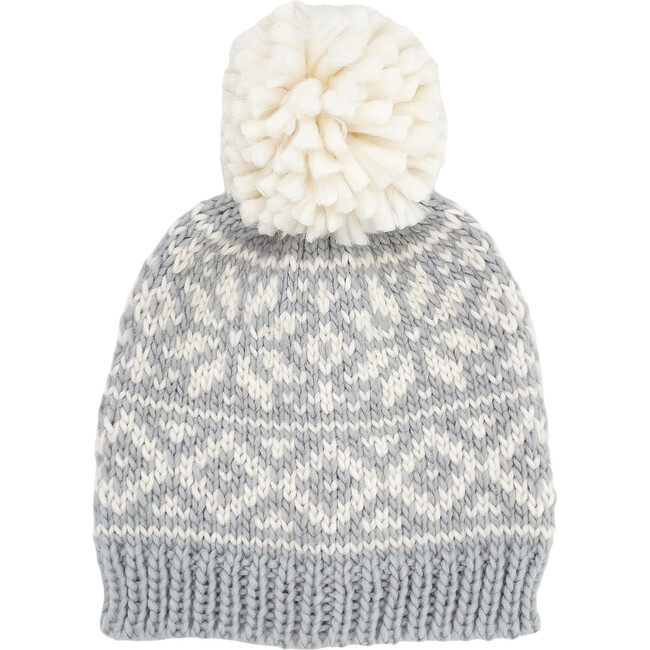 Snowflake Pattern Knit Pom Hat, Blue Grey