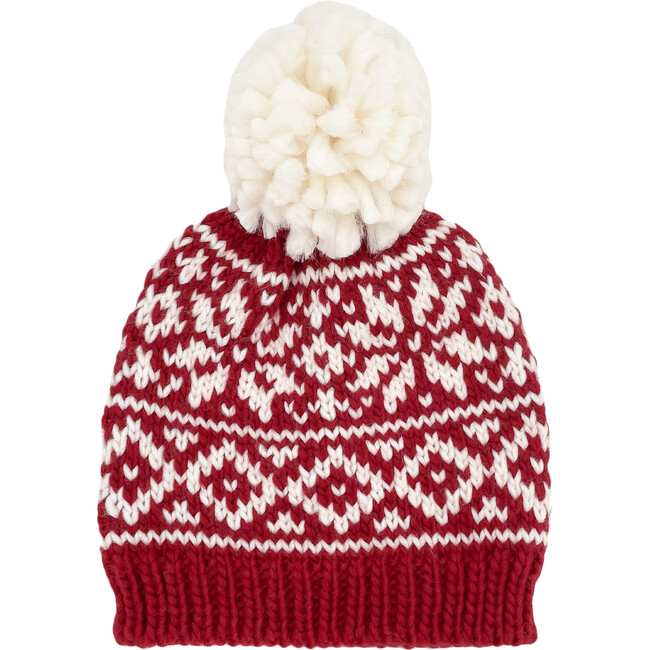 Snowflake Pattern Knit Pom Hat, Red