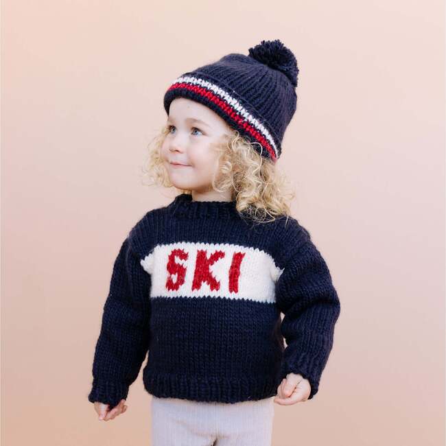 SKI Stripe Knit Pom Pom Hat, Navy - Hats - 2