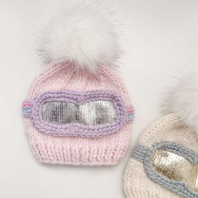 Ski Goggle Hand-Knit Hat, Pink, Lavender & Silver - Hats - 3