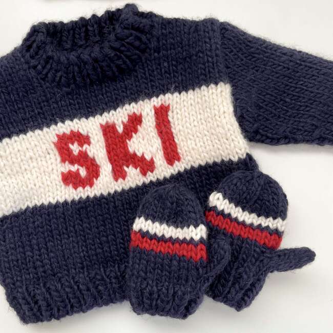SKI Stripe Knit Mittens, Navy - Mitts - 2