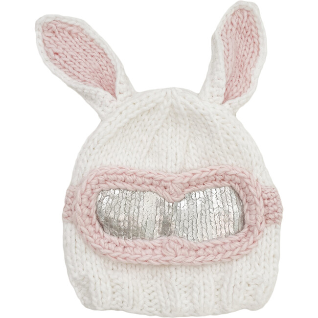 Bunny Ear Ski Goggle Hand-Knit Hat, White & Pink