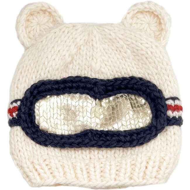 Bear Ear Ski Goggle Hand-Knit Hat, Cream, Navy & Red
