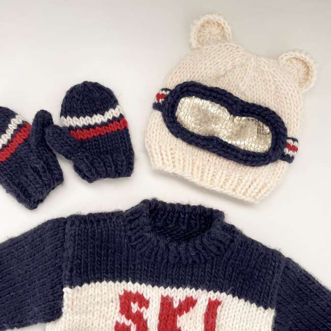 SKI Stripe Knit Mittens, Navy - Mitts - 3