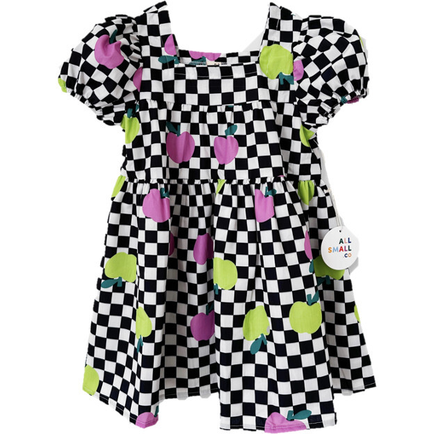 Apple Checker Print Puff Sleeve Dress, Black And White
