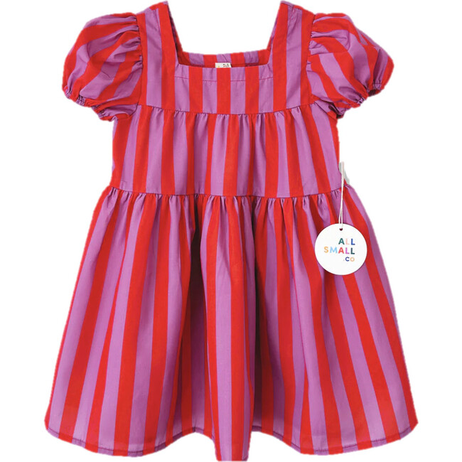 Circus Stripe Puff Sleeve Dress, Red And Pink