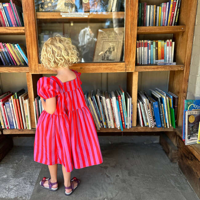 Circus Stripe Puff Sleeve Dress, Red And Pink - Dresses - 2