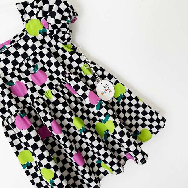 Apple Checker Print Puff Sleeve Dress, Black And White - Dresses - 3