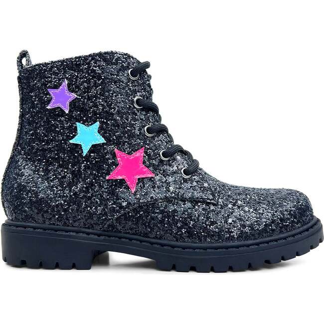 Miss Christie Stars Applique Glitter Combat Boot, Black