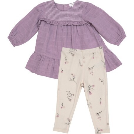 Solid Smocked Ruffle Dress And Rib Legging, Lavender Mist