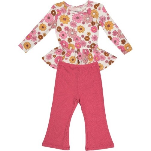 Retro Floral Peplum Top And Flare Pant, Pink