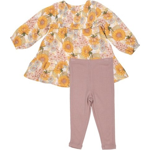 Sunflower Child Smocked Ruffle Tiered Dress And Legging, Multi Yellow
