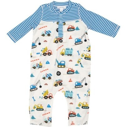 Crayon Construction Trucks Romper with Contrast Sleeve, Blue Multi