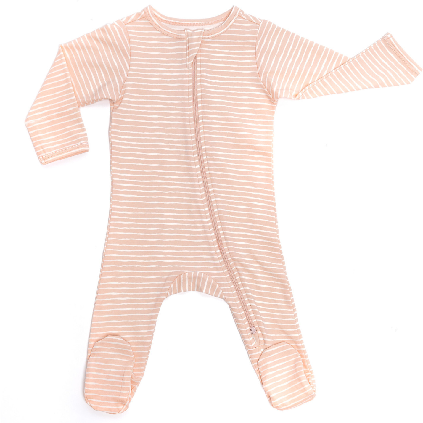 Zipped Long Sleeve Footed Onesie, Pink And White Stripes - Bodysuits - 1