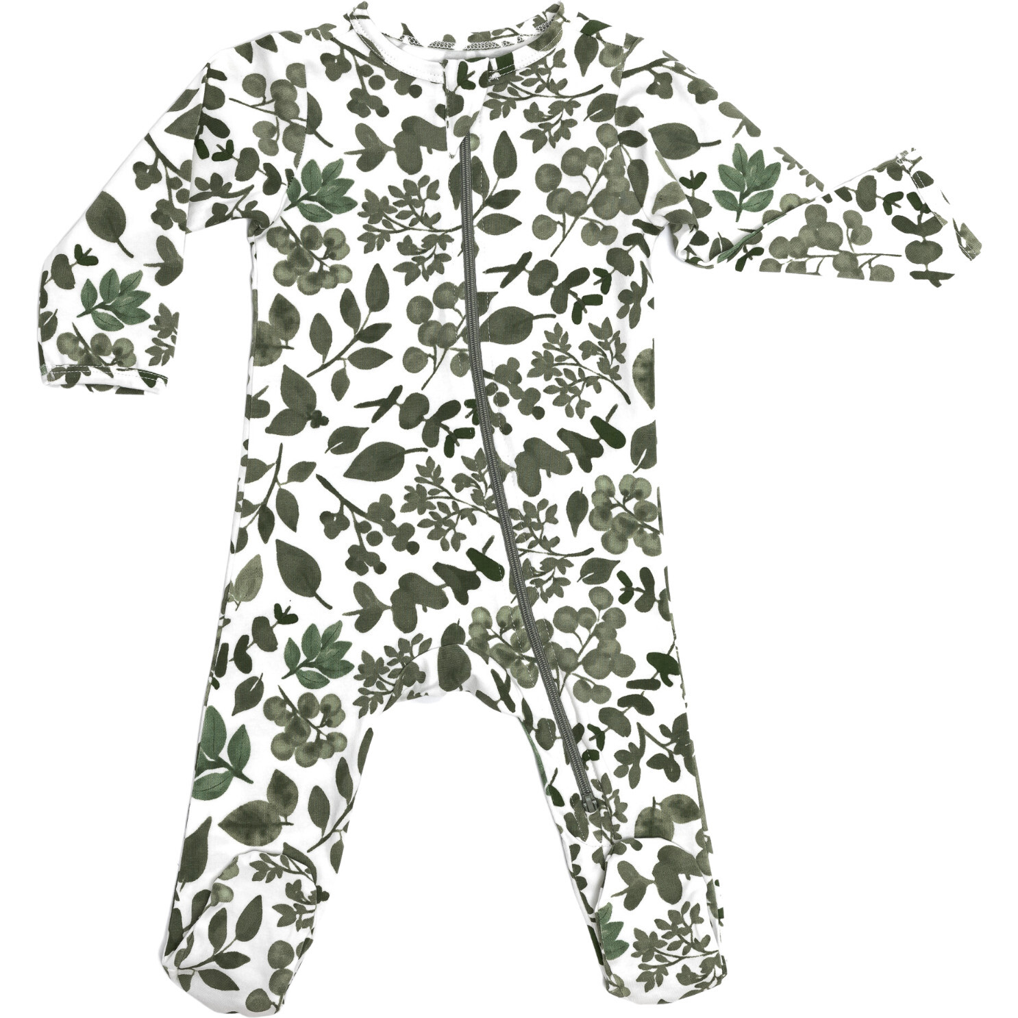 Zipped Long Sleeve Footed Onesie, Green Leaves - Bodysuits - 1